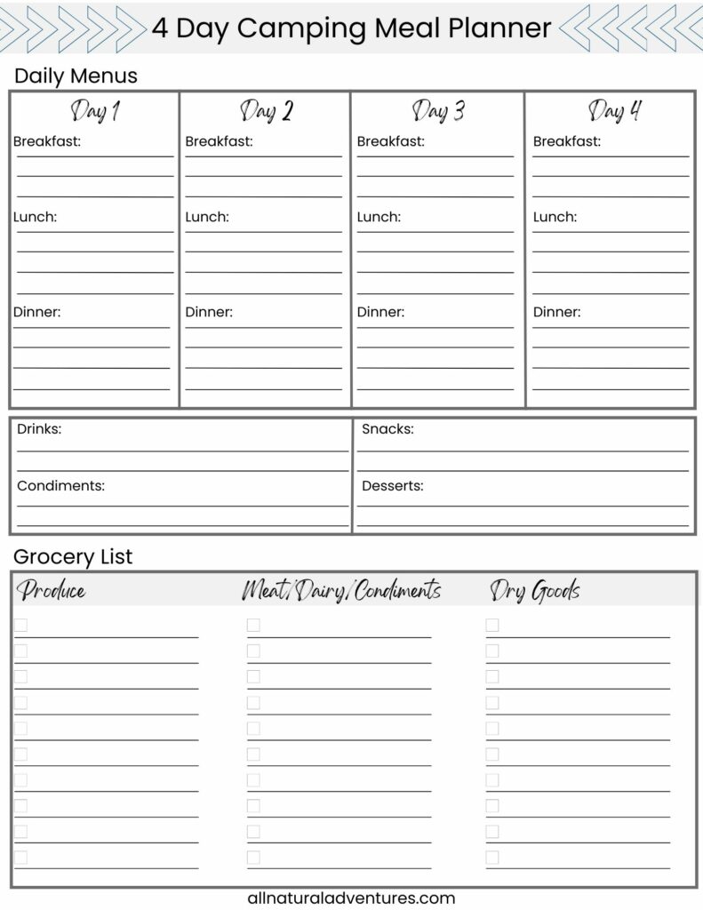 camp meal plan sheet