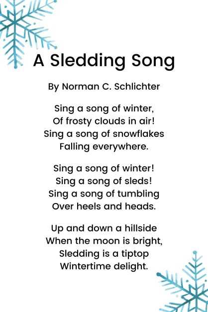 Simple Winter Poems For Kids To Learn By Heart - A Sledding Song By Norman C. Schlichter