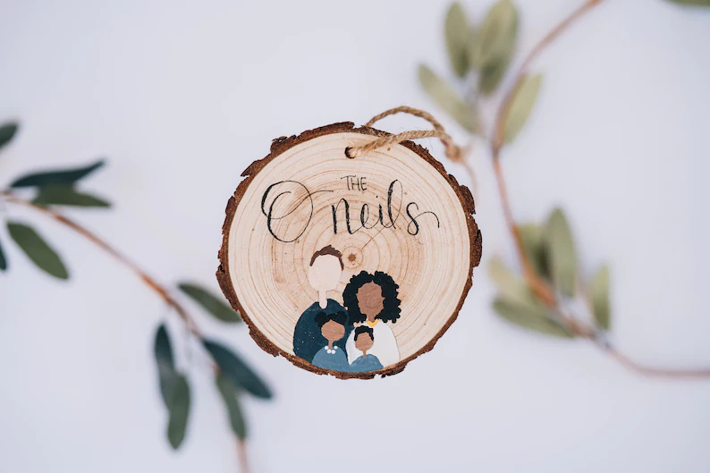 hand painted personalized Christmas ornaments - wooden family portrait
