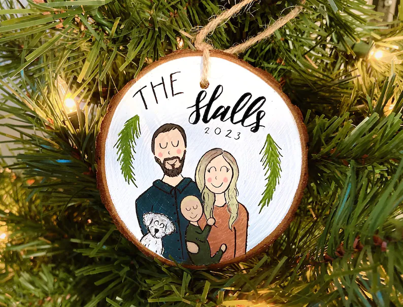 hand painted personalized Christmas ornaments - wooden family portrait